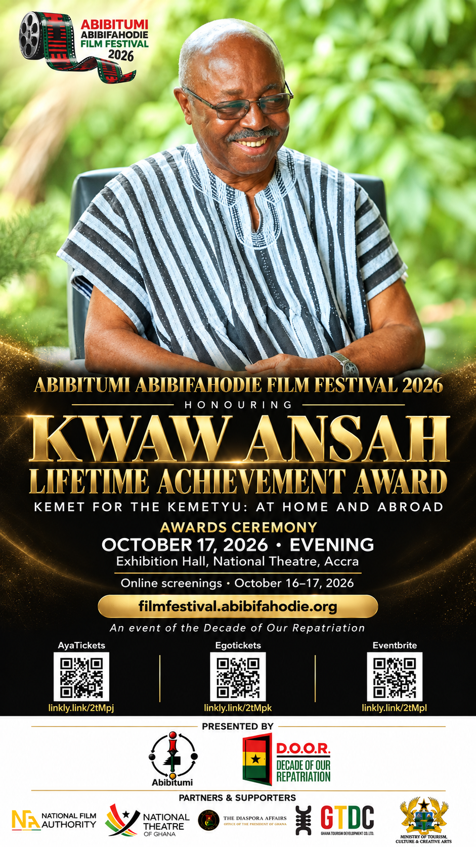 Official AAFF 2026 flyer honouring Kwaw Ansah with the Lifetime Achievement Award