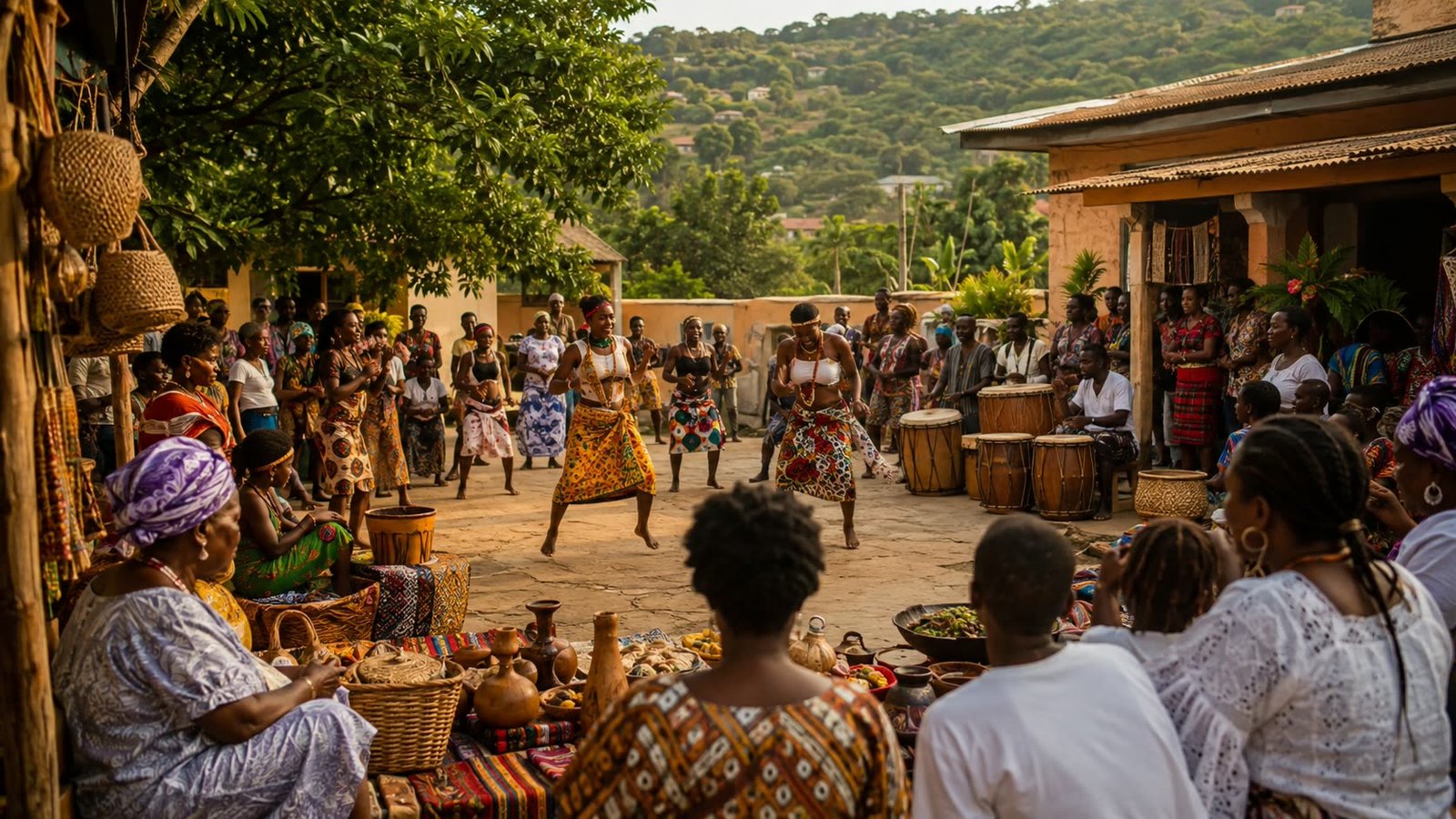Black families, dancers, drummers, artisans, and food vendors gathered in an Akuapem courtyard